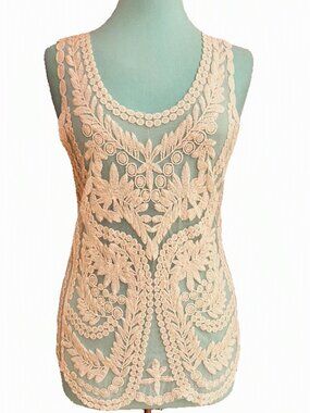 Capri Ivory Embroidered Lace Mesh Sleeveless Tunic Top Size Medium